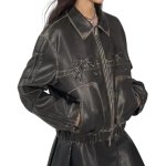 画像3: Women's Bow Black Leather Jacket Blouson coat リボン レザー ジャケット ライダース コート  (3)