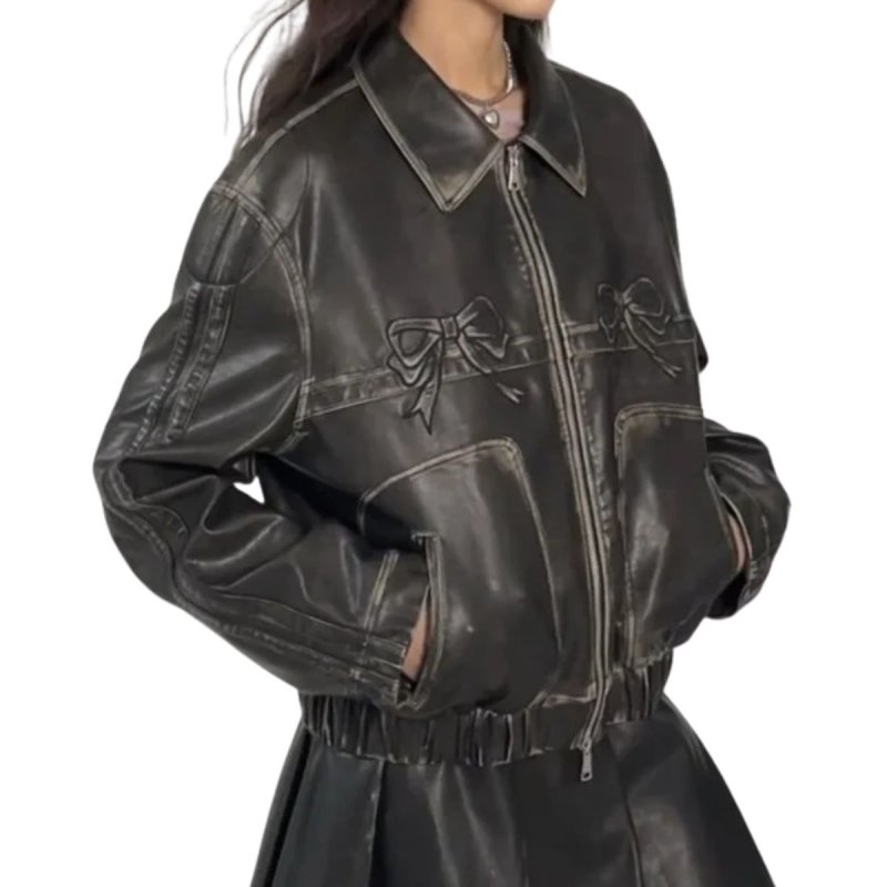 画像3: Women's Bow Black Leather Jacket Blouson coat リボン レザー ジャケット ライダース コート  (3)