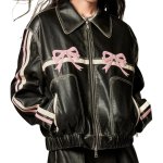 画像1: Women's Bow Black Leather Jacket Blouson coat リボン レザー ジャケット ライダース コート  (1)
