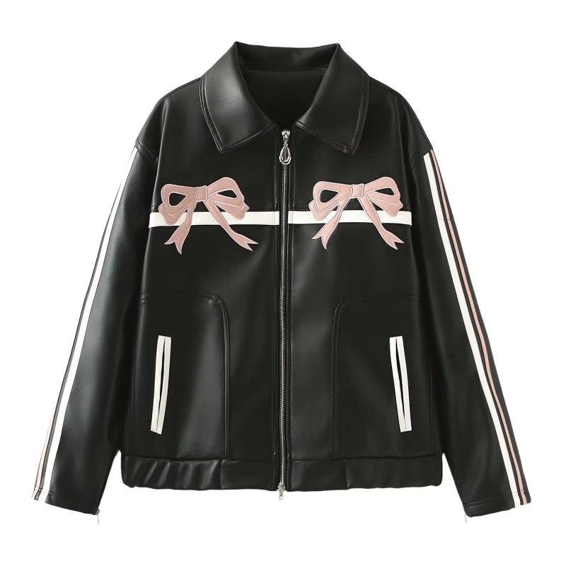 画像2: Women's Bow Black Leather Jacket Blouson coat リボン レザー ジャケット ライダース コート  (2)