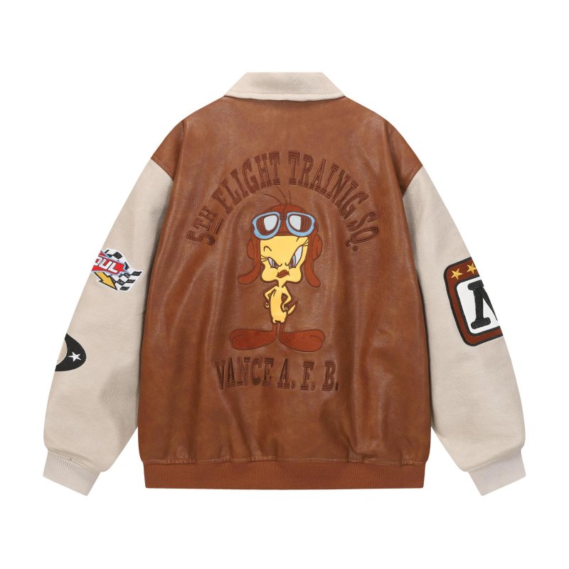 画像2: 26 Unisex Looney tunes tweety leather stadium jacket baseball uniform blouson  ユニセックス 男女兼用 ルーニー・テューンズ トゥイーティー レザー スタジアムジャンパー スタジャン MA-1 ボンバー ジャケット ブルゾン (2)