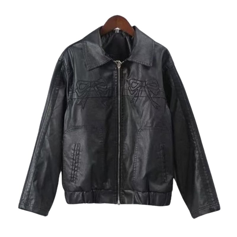 画像6: Women's Bow Black Leather Jacket Blouson coat リボン レザー ジャケット ライダース コート  (6)