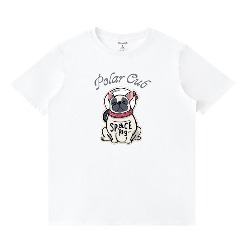 画像1: Unisex black white Space Pug Astronaut Print  T-shirt  男女兼用 ユニセックススペースパグ宇宙飛行士プリント 半袖 Tシャツ (1)