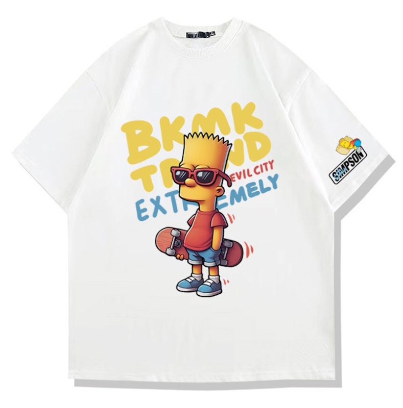 画像1: Unisex Bart Simpson x Skateboarding Print  T-shirt  男女兼用 ユニセックスバートシンプソン×スケートボードスケボープリント 半袖 Tシャツ (1)