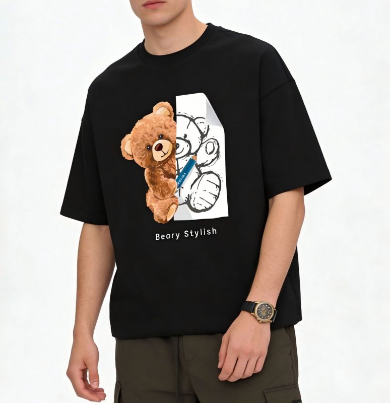 画像3: Unisex black white Half-Bear & Sketch Bear Print  T-shirt  男女兼用 ユニセックスハーフ―ベアー＆スケッチベアプリント 半袖 Tシャツ (3)
