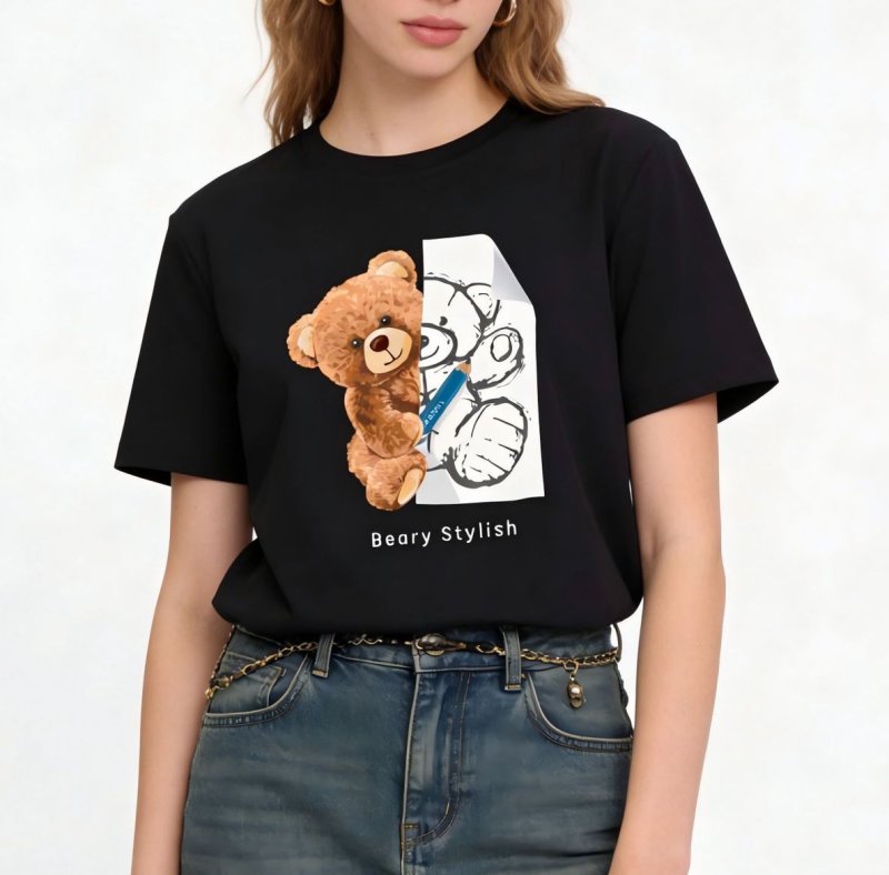 画像4: Unisex black white Half-Bear & Sketch Bear Print  T-shirt  男女兼用 ユニセックスハーフ―ベアー＆スケッチベアプリント 半袖 Tシャツ (4)