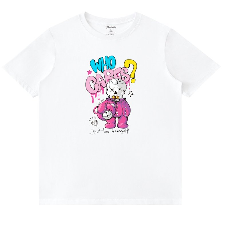 画像1: Unisex black white who cares Costume kaws Skull Print  T-shirt  男女兼用 ユニセックススカルカスタムカウズプリント 半袖 Tシャツ (1)