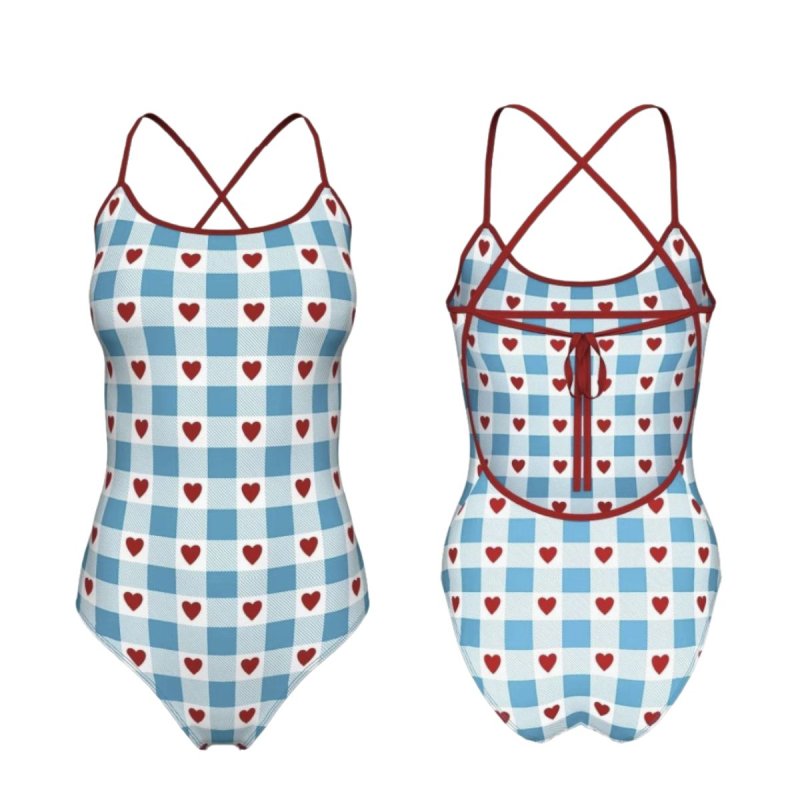 画像1: jump into check heart one-piece  swimsuit ハート x ギンガムチェック プリント スウィムスーツ 水着 モノキニ ワンピース (1)