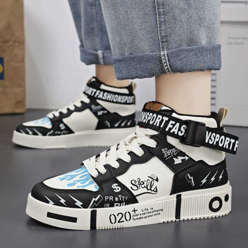 画像2: Unisex & Kids High-top leather graffiti print lace-up sneakers  ユニセックス 男女兼用 ハイカット レザー グラフィティ 落書き風 プリントレースアップスニーカー  (2)