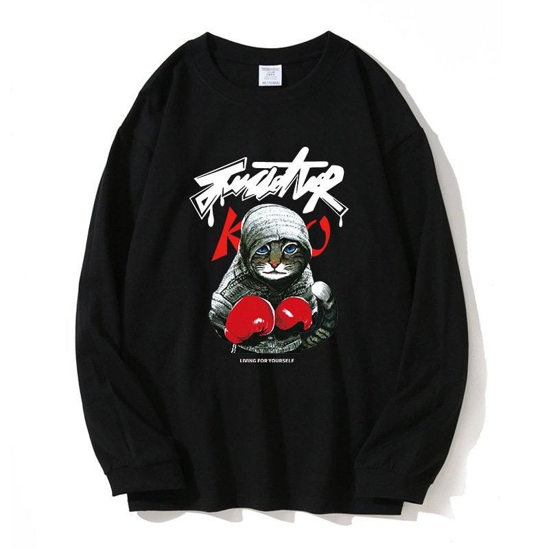 画像1: Boxing cat print round neck sweat long sleeve Tshirts ユニセックス 男女兼用 ボクシング キャット プリント 長袖Tシャツ (1)