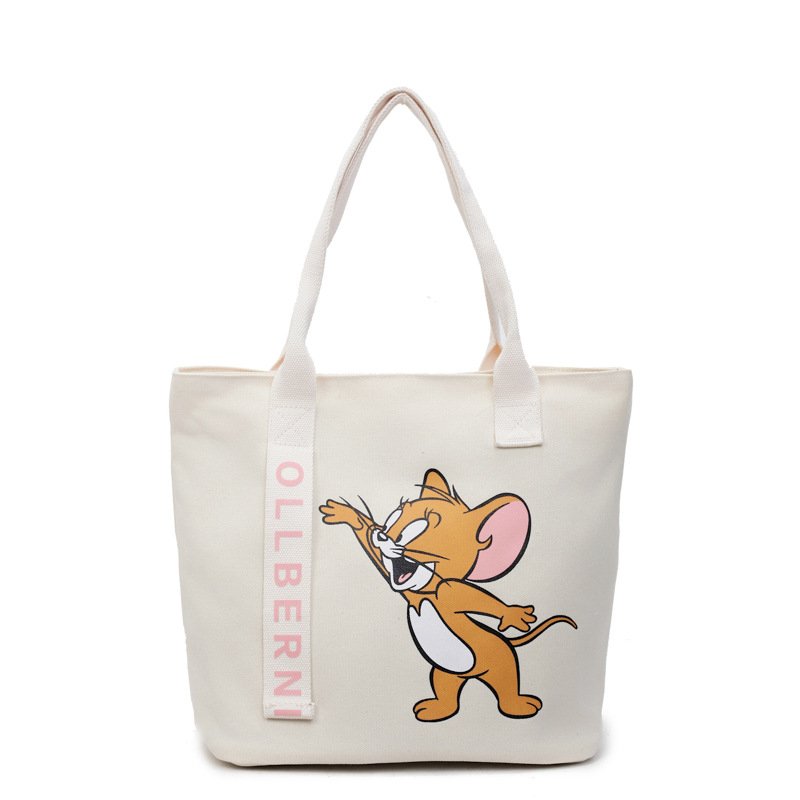 画像2:  Unisex Tom and Jerry Jerry Print Canvas Large Capacity Tote Shoulder Bag Shopping Eco Bag　ユニセックス男女兼用トムとジェリージェリープリントラージキャパシティキャンバストートショルダーバッグ通勤通学ショッピング (2)