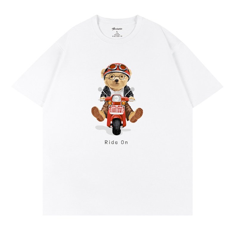 画像1: Unisex black white  Ride-on Bear Print  T-shirt  男女兼用 ユニセックスライドオンベア熊プリント 半袖 Tシャツ (1)