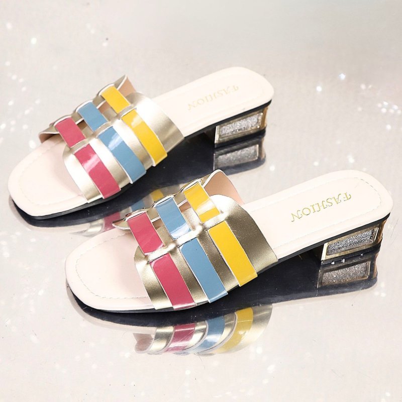 画像2: Women’s color matching pointed thick high-heeled shoes pumps sandals Mules ボーダーミュール パンプス ミュール (2)