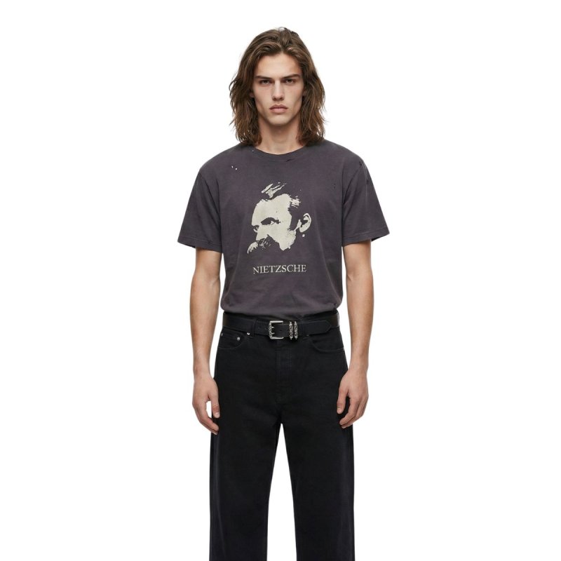 画像2: Unisex Vintage Used style Nietzche Print Damaged Crushed  RippedT-Shirt 古着風 ヴィンテージ風 フリードリヒ・ニーチェ プリント ダメージ 穴あき Tシャツ (2)