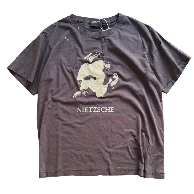 画像1: Unisex Vintage Used style Nietzche Print Damaged Crushed  RippedT-Shirt 古着風 ヴィンテージ風 フリードリヒ・ニーチェ プリント ダメージ 穴あき Tシャツ (1)