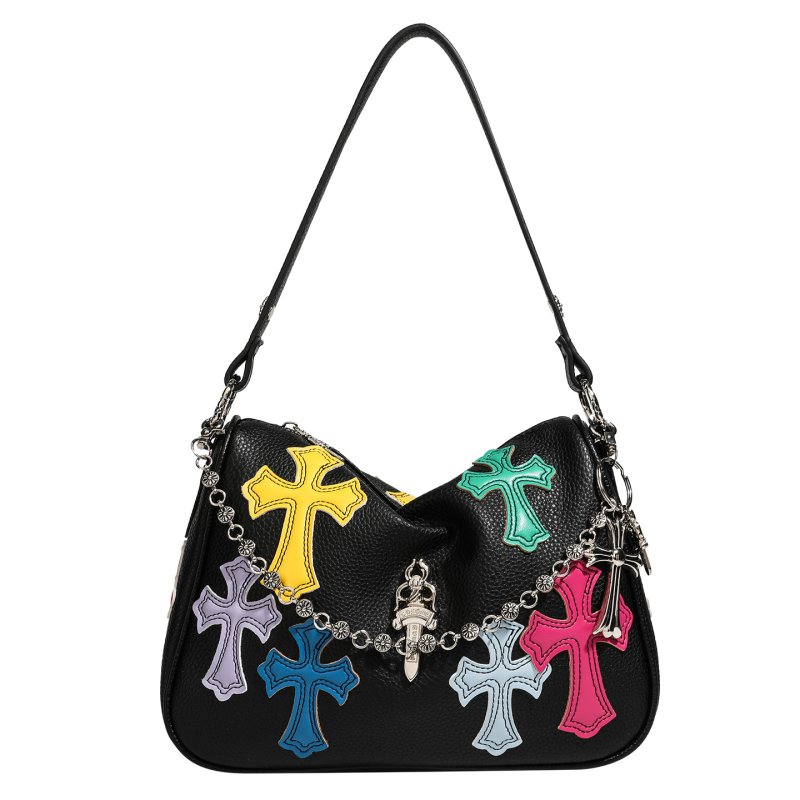 画像1: Multi Color Cross under arm chain shoulder tote bag Y2K マルチカラー 十字架 クロスパッチ付き アンダーアーム ショルダーバッグ (1)