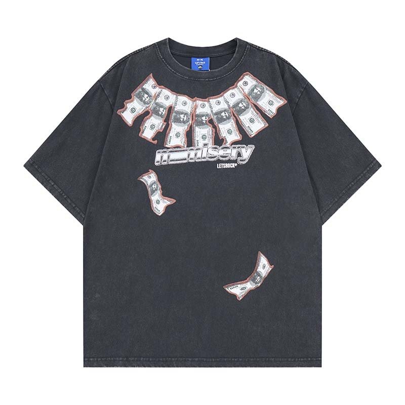 画像2: LETSROCK Vintage US dollar bill Money pattern print Tshirts ユニセックス 男女兼用 ヴィンテージ風 古着風 USドル 紙幣 プリント 半袖Tシャツ (2)