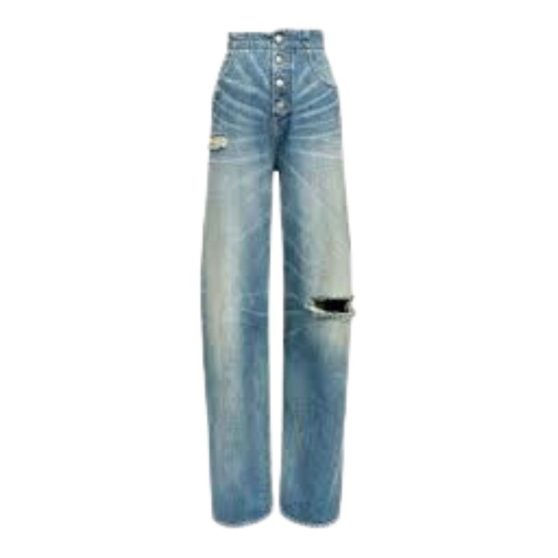 画像1: Women’s Wide-leg Jeans with Buttons high-waisted Damage Barrel leg jeans denim pants 4つボタン ハイウエスト ブレスト ダメージ加工 バレルレッグ ワイド デニムパンツ ジーンズ (1)
