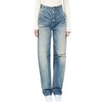 画像2: Women’s Wide-leg Jeans with Buttons high-waisted Damage Barrel leg jeans denim pants 4つボタン ハイウエスト ブレスト ダメージ加工 バレルレッグ ワイド デニムパンツ ジーンズ (2)