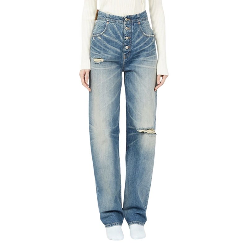 画像2: Women’s Wide-leg Jeans with Buttons high-waisted Damage Barrel leg jeans denim pants 4つボタン ハイウエスト ブレスト ダメージ加工 バレルレッグ ワイド デニムパンツ ジーンズ (2)