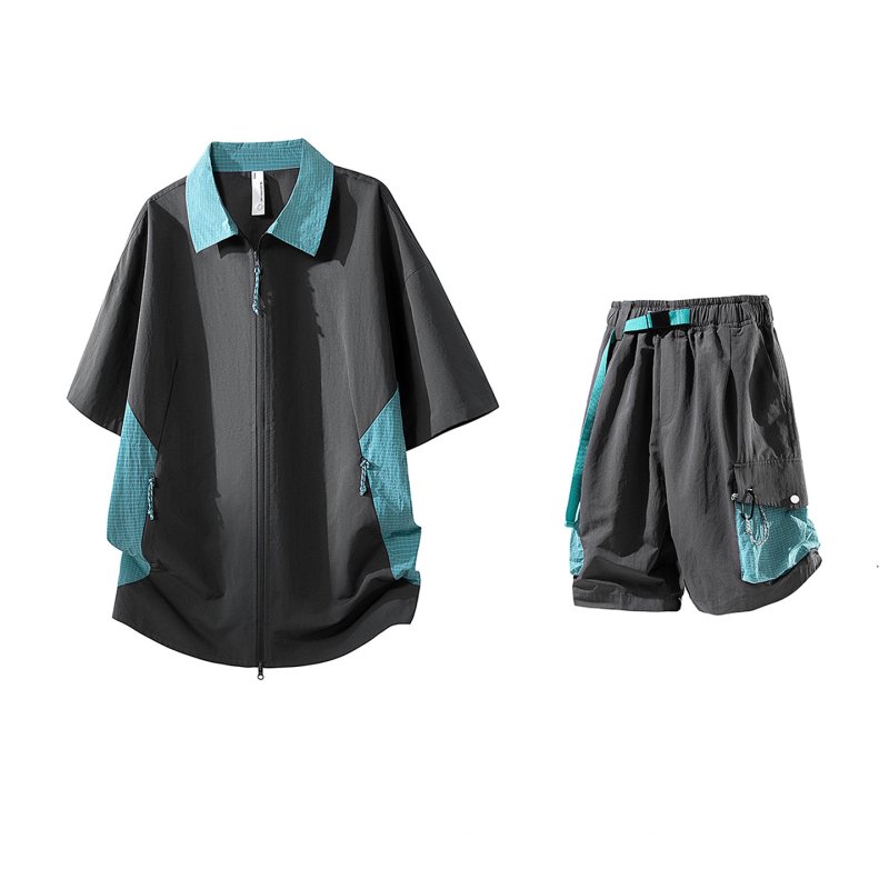 画像2: Shirt collar double-zip shirt collar short-sleeved jacket & cargo shorts  setup ユニセックス男女兼用シャツカラーダブルジップシャツカラー半袖ジャケット＆カーゴハーフパンツ セットアップ  (2)