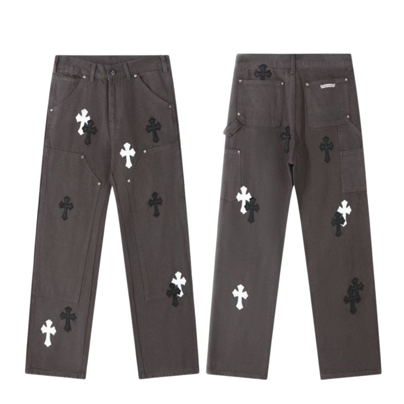 画像1: Mens Y2K Cross Wide leg Denim Pants jeans クロス 十字架 パッチ付き ワイド ベルボトム デニムパンツ ジーンズ (1)