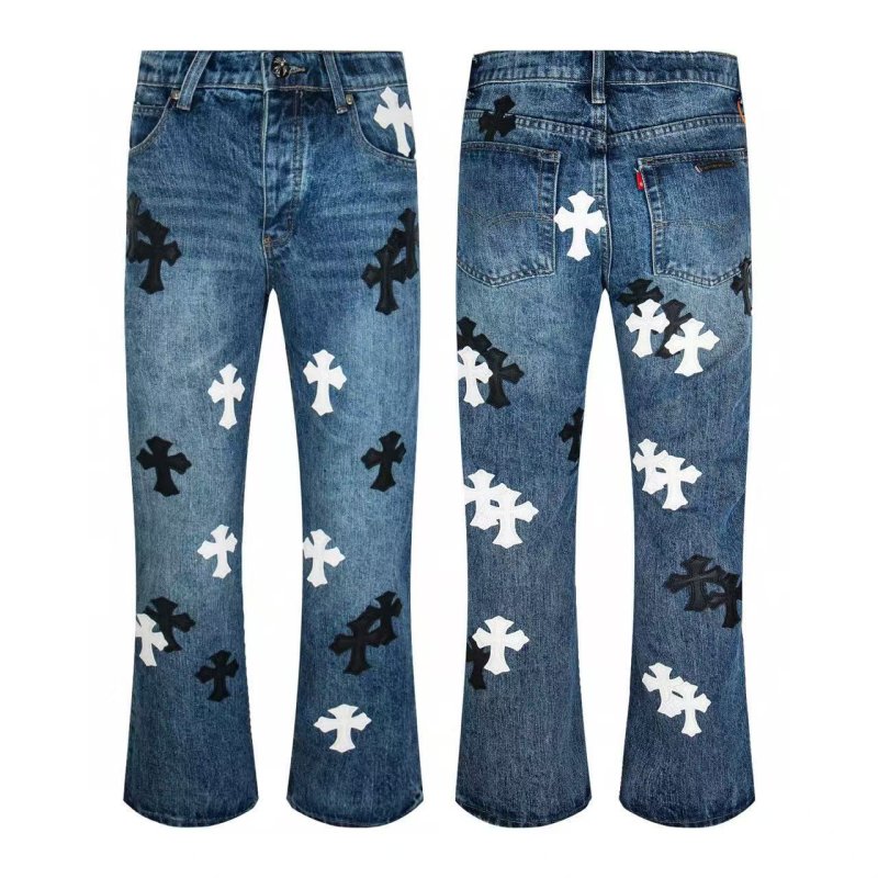 画像9: Mens Y2K Cross Wide leg Denim Pants jeans クロス 十字架 パッチ付き ワイド ベルボトム デニムパンツ ジーンズ (9)