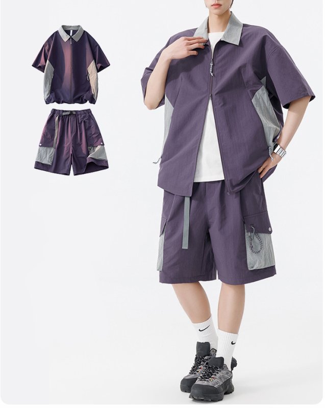 画像12: Shirt collar double-zip shirt collar short-sleeved jacket & cargo shorts  setup ユニセックス男女兼用シャツカラーダブルジップシャツカラー半袖ジャケット＆カーゴハーフパンツ セットアップ  (12)