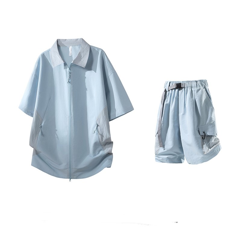 画像5: Shirt collar double-zip shirt collar short-sleeved jacket & cargo shorts  setup ユニセックス男女兼用シャツカラーダブルジップシャツカラー半袖ジャケット＆カーゴハーフパンツ セットアップ  (5)