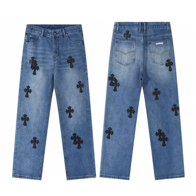 画像4: Mens Y2K Cross Wide leg Denim Pants jeans クロス 十字架 パッチ付き ワイド ベルボトム デニムパンツ ジーンズ (4)