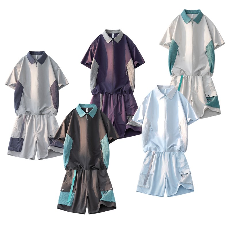 画像13: Shirt collar double-zip shirt collar short-sleeved jacket & cargo shorts  setup ユニセックス男女兼用シャツカラーダブルジップシャツカラー半袖ジャケット＆カーゴハーフパンツ セットアップ  (13)