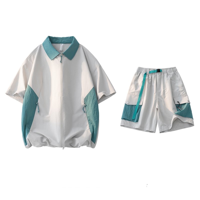 画像3: Shirt collar double-zip shirt collar short-sleeved jacket & cargo shorts  setup ユニセックス男女兼用シャツカラーダブルジップシャツカラー半袖ジャケット＆カーゴハーフパンツ セットアップ  (3)