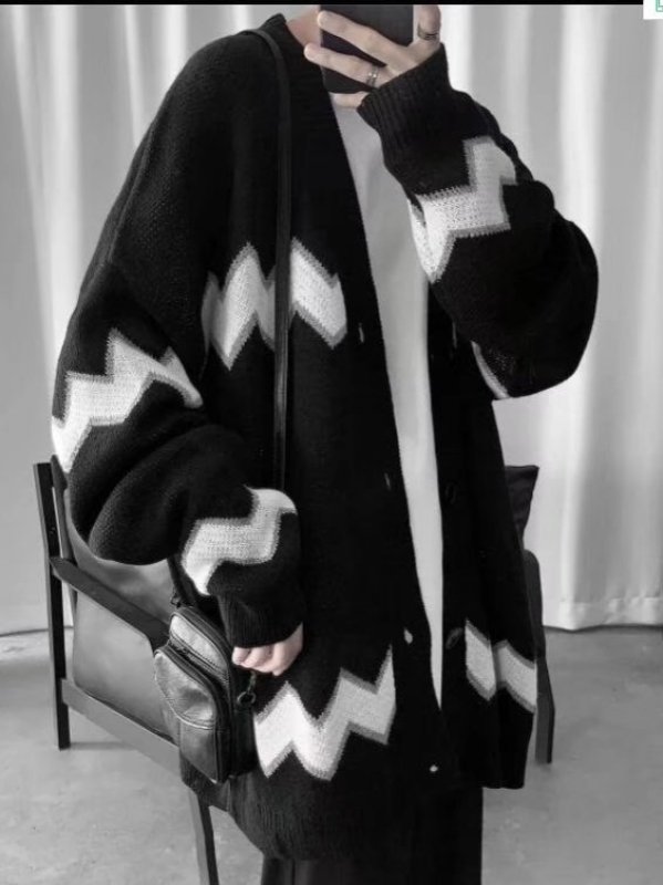 画像6: Men's Unisex  loose lightning pattern  Long Sleeve Loose Cardigan sweaterユニセックス 男女兼用オーバーサイズ稲妻パターン長袖カーディガン (6)