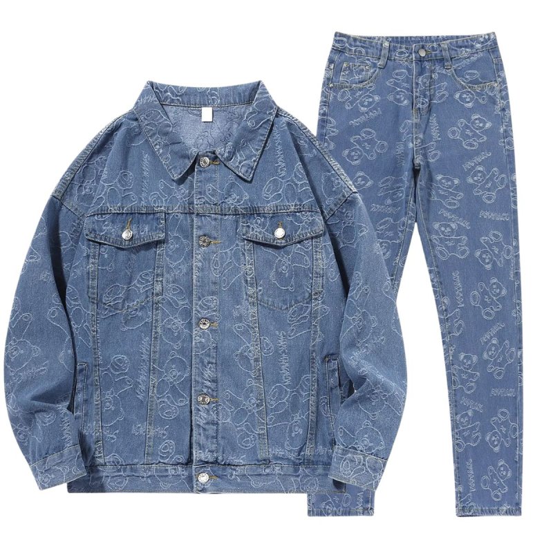 画像1: Unisex Bear Monogram Denim Jacket & Pants Set Up 男女兼用 メンズ ベア 熊 モノグラム デニム ジーンズ ジャケット Gジャン ジーンズ パンツ セットアップ 上下 (1)