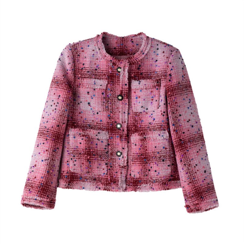 画像1: women's tweed blended wool short jacket coat ピンクツイード チェック ジャケット コート (1)