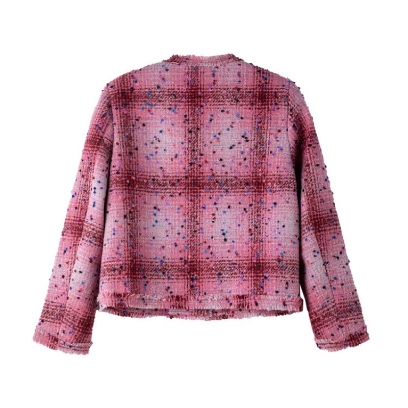 画像2: women's tweed blended wool short jacket coat ピンクツイード チェック ジャケット コート (2)