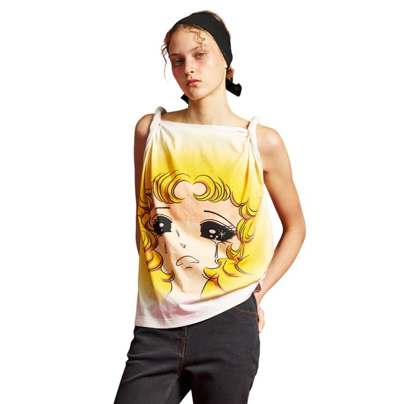 画像3: WHITE CRYING GIRL KNOT SLEEVELESS Cartoon print Tank Top クライングガール アニメプリントタンクトップ シャツ (3)