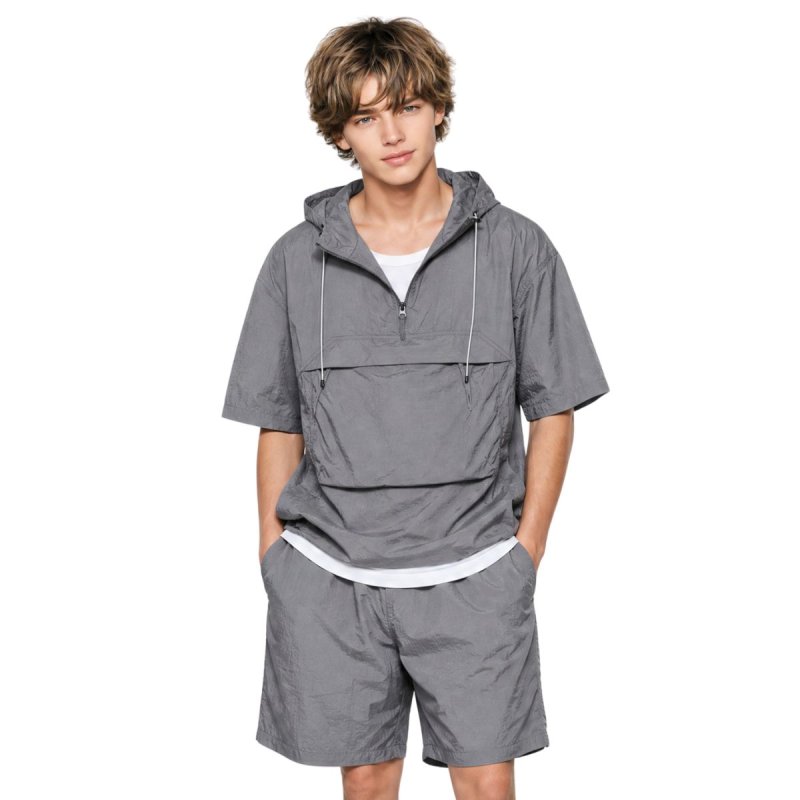 画像1: Quick-drying short-sleeve hoodie and short pants set jacket and Pants Set  半袖フーディ＆ショートパンツセットアップスーツセットアップ (1)