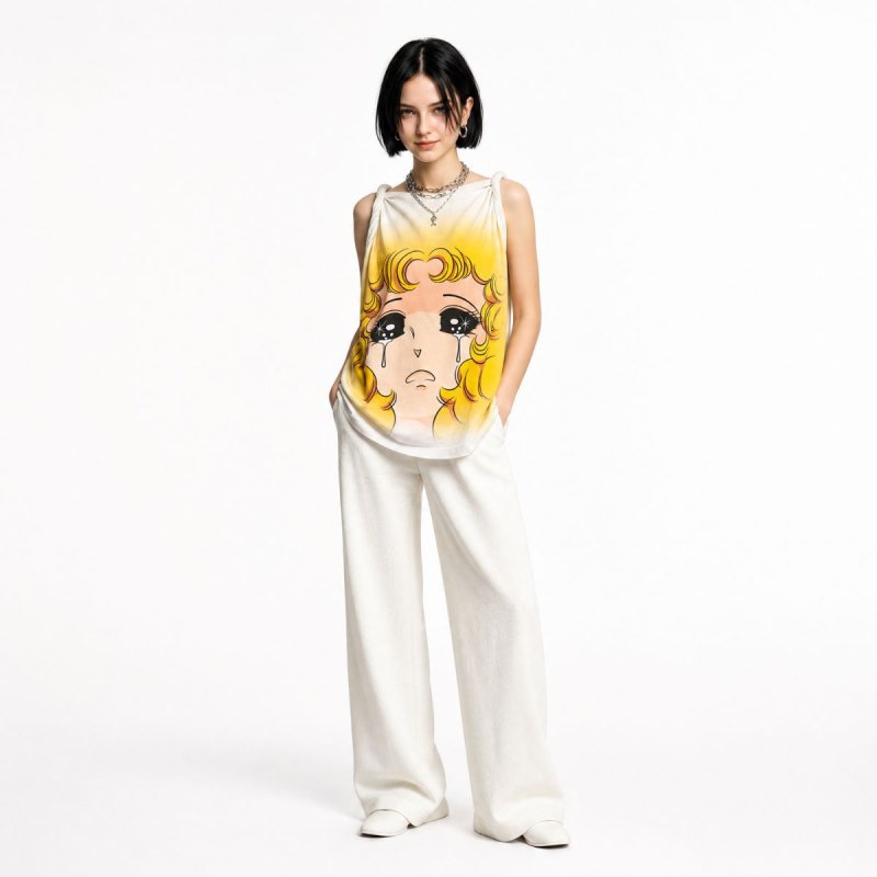 画像2: WHITE CRYING GIRL KNOT SLEEVELESS Cartoon print Tank Top クライングガール アニメプリントタンクトップ シャツ (2)
