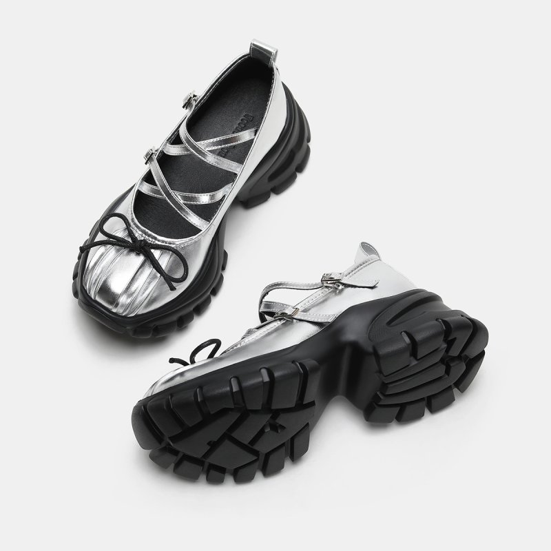 画像2: Ｗomen's Leather 2tone Metallic platform Mary Jane sneakers trainers Y2K 本革 リアルレザー 厚底 メタリック メリージェーン スニーカープラットフォーム ダッドシューズ ボリュームソール バレエコア (2)
