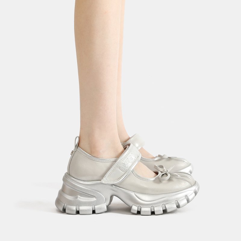 画像4: Ｗomen's Leather Metallic platform Mary Jane sneakers trainers Y2K 本革 リアルレザー 厚底 メタリック メリージェーン スニーカープラットフォーム ダッドシューズ ボリュームソール バレエコア (4)