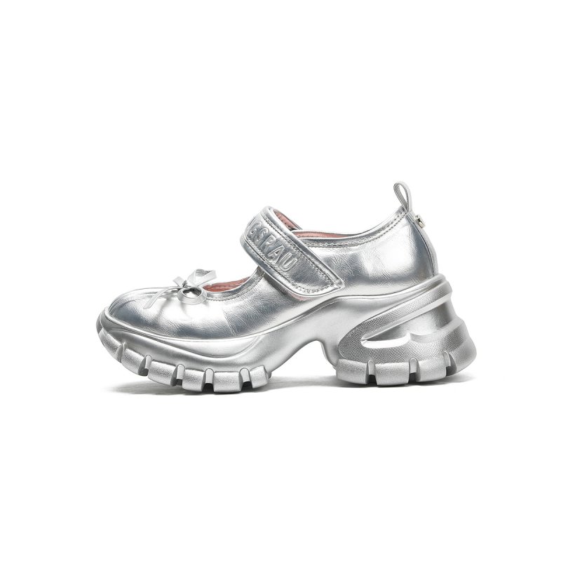画像2: Ｗomen's Leather Metallic platform Mary Jane sneakers trainers Y2K 本革 リアルレザー 厚底 メタリック メリージェーン スニーカープラットフォーム ダッドシューズ ボリュームソール バレエコア (2)
