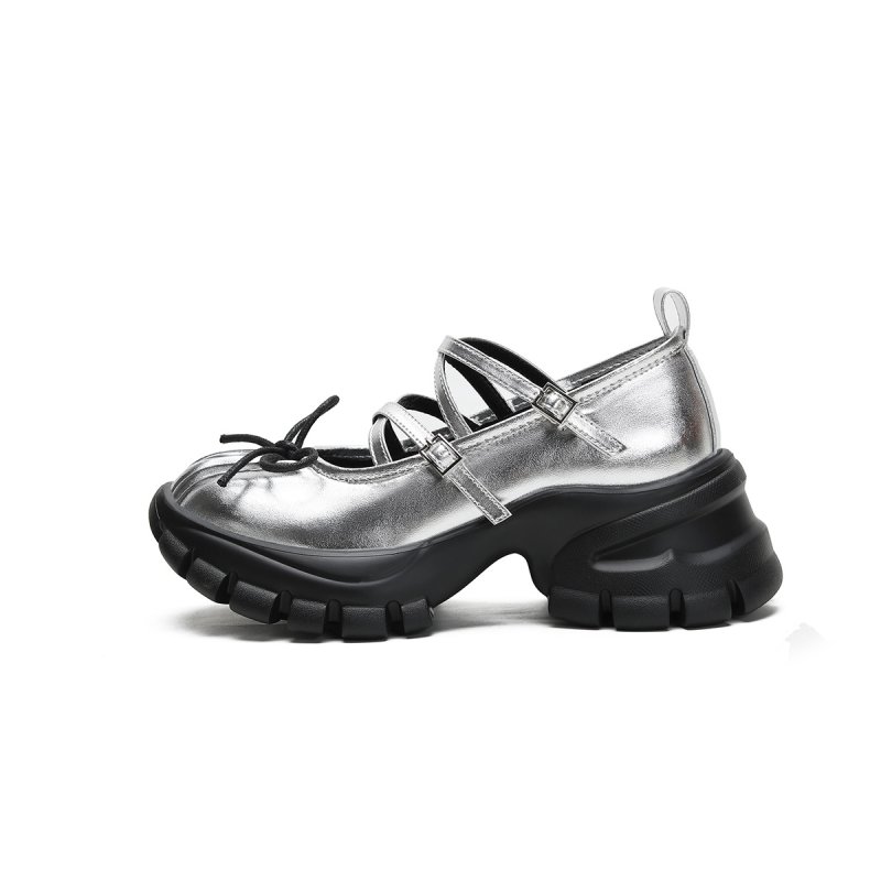 画像1: Ｗomen's Leather 2tone Metallic platform Mary Jane sneakers trainers Y2K 本革 リアルレザー 厚底 メタリック メリージェーン スニーカープラットフォーム ダッドシューズ ボリュームソール バレエコア (1)