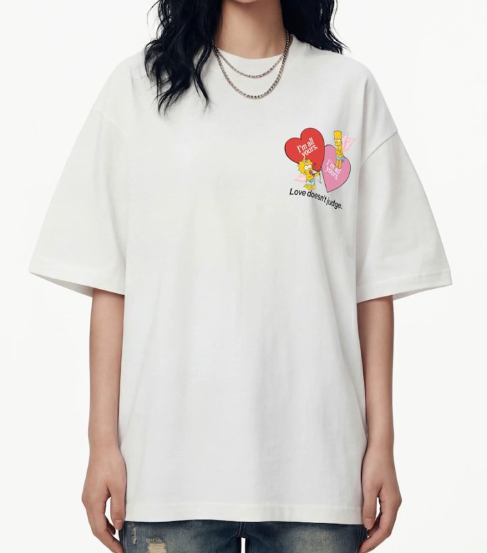 画像6:  The Simpsons Bart & Maggie Simpson American Two-Tone Heart Print Tshirts ユニセックス男女兼用ザ・シンプソンズ バート＆マギーシンプソン アメリカン ツートーン ハートプリントプリント 半袖 Tシャツ (6)