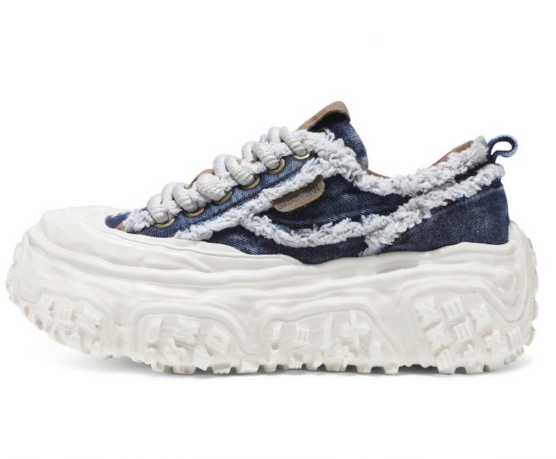 画像1: Unisex Denim fringe chunky sole platform lace-up sneakers  Shoes ユニセックス 男女兼用 デニムフリンジチャンキーソール厚底レースアップ  スニーカー (1)
