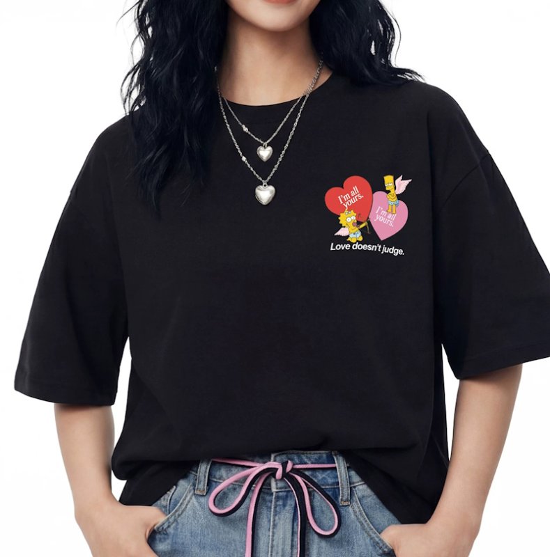 画像7:  The Simpsons Bart & Maggie Simpson American Two-Tone Heart Print Tshirts ユニセックス男女兼用ザ・シンプソンズ バート＆マギーシンプソン アメリカン ツートーン ハートプリントプリント 半袖 Tシャツ (7)