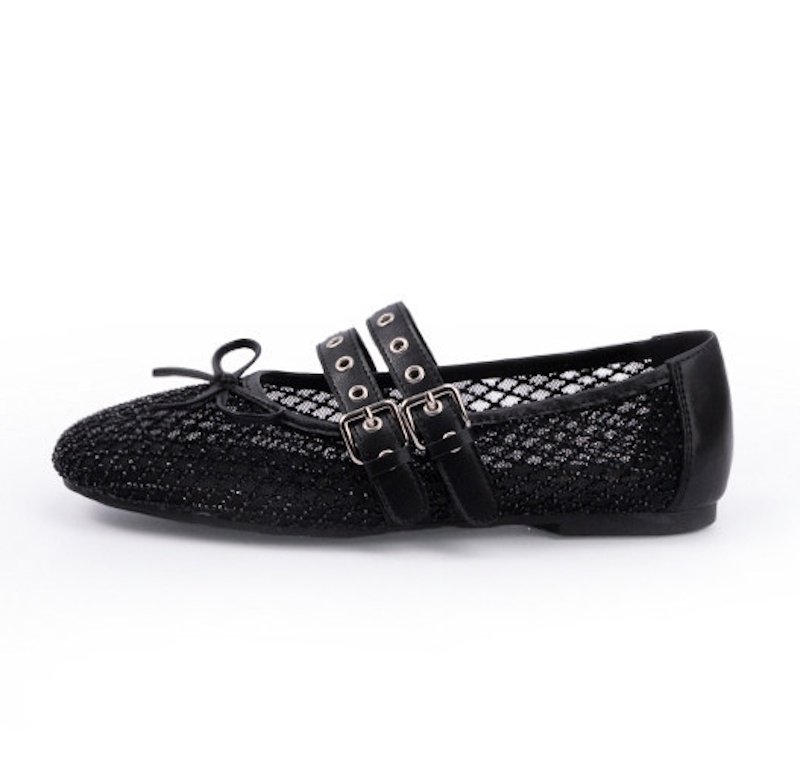 画像1:  Openwork Mesh Ribbon Double Buckle Ballet Flats Pumps 透かし彫りメッシュリボンダブルバックルバレエシューズパンプス (1)
