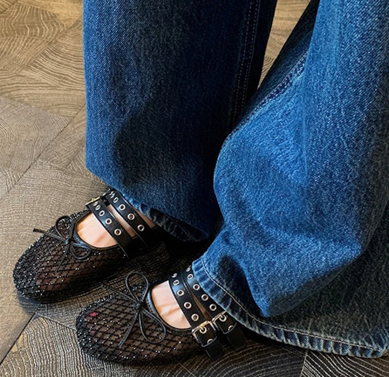 画像5:  Openwork Mesh Ribbon Double Buckle Ballet Flats Pumps 透かし彫りメッシュリボンダブルバックルバレエシューズパンプス (5)