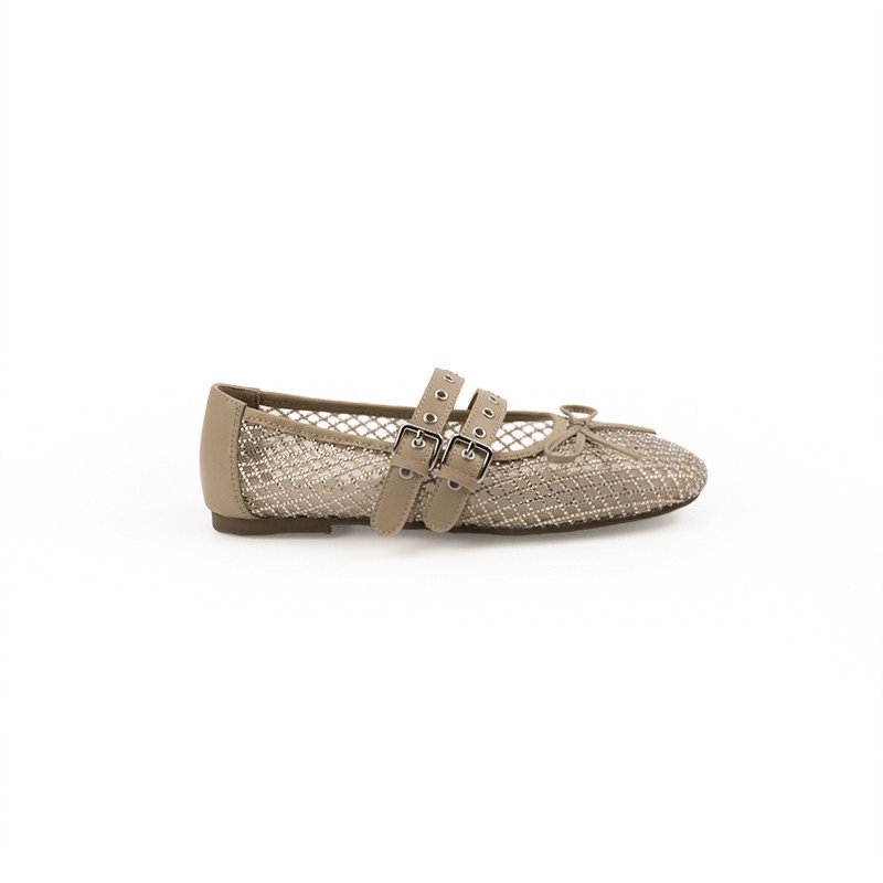 画像3:  Openwork Mesh Ribbon Double Buckle Ballet Flats Pumps 透かし彫りメッシュリボンダブルバックルバレエシューズパンプス (3)
