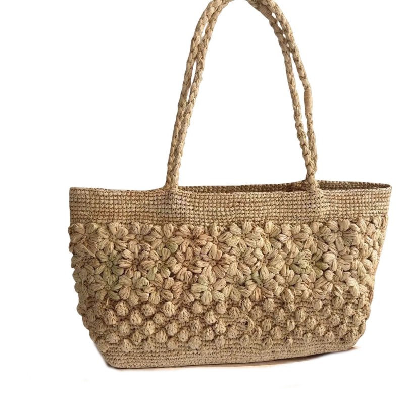 画像2: 3D Flower Raffia Woven Tote Shoulder Basket Bag　3Dフラワーラフィア編みフレンチかご籠カゴトートショルダーバッグ (2)